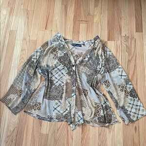 Susan Graver Top Womens 2x Brown Patchwork Print Button Up Boho Coastal Casual